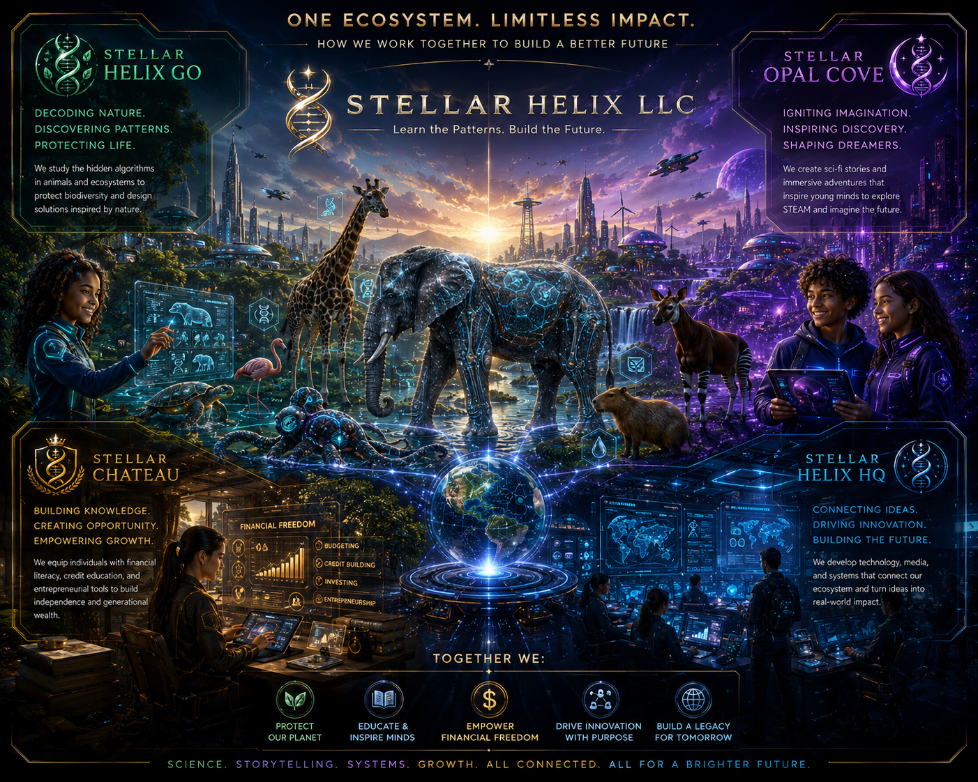 Stellar Helix LLC ecosystem map: Stellar Helix GO, Stellar Opal Cove, Stellar Chateau, and Stellar Helix HQ