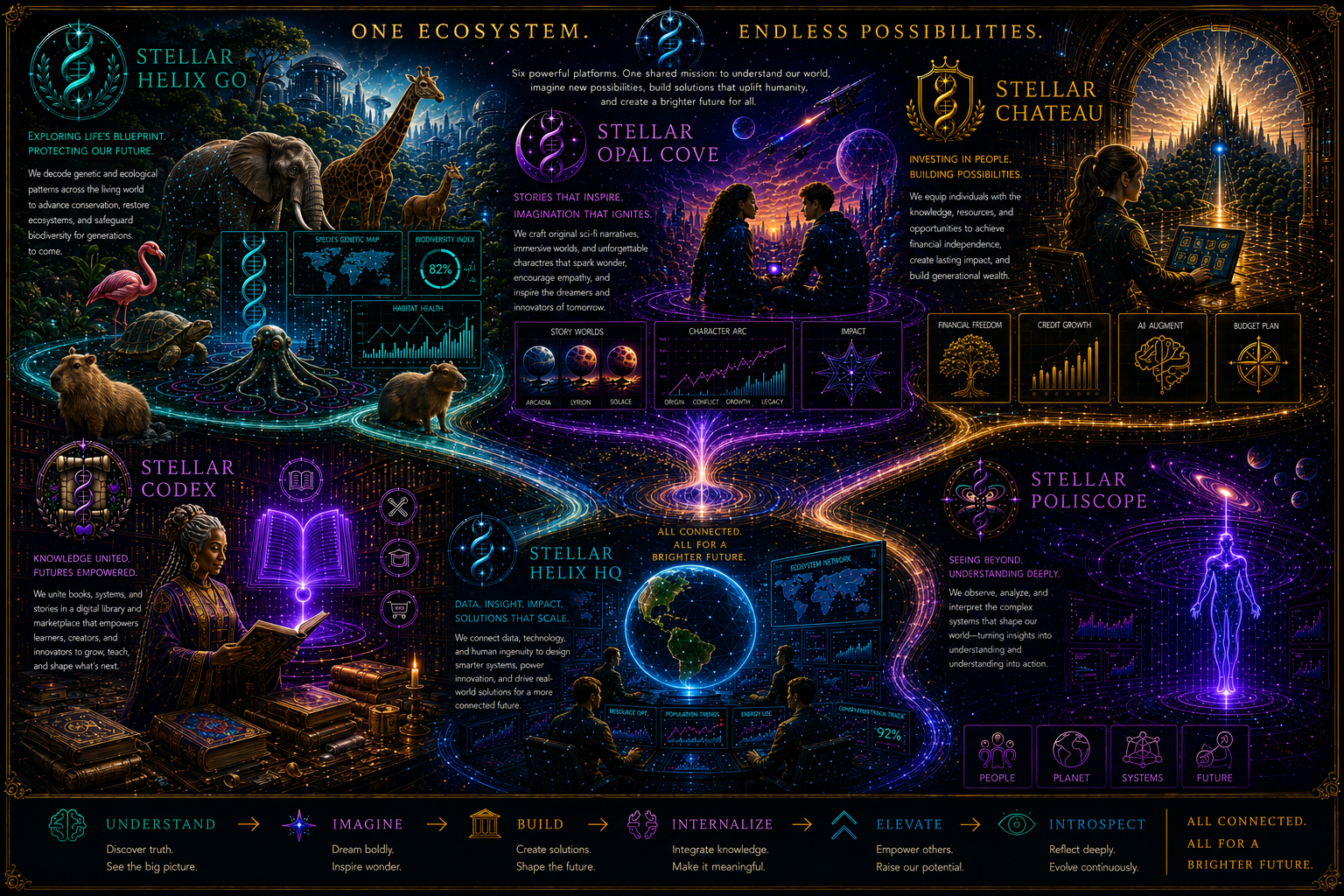 Stellar Helix LLC ecosystem map: Stellar Helix GO, Stellar Opal Cove, Stellar Chateau, and Stellar Helix HQ