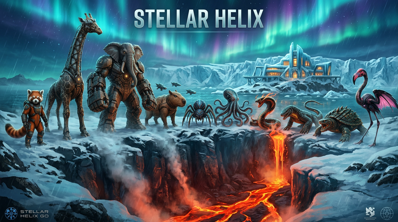 Stellar Helix team overlooking Castle Island under aurora borealis